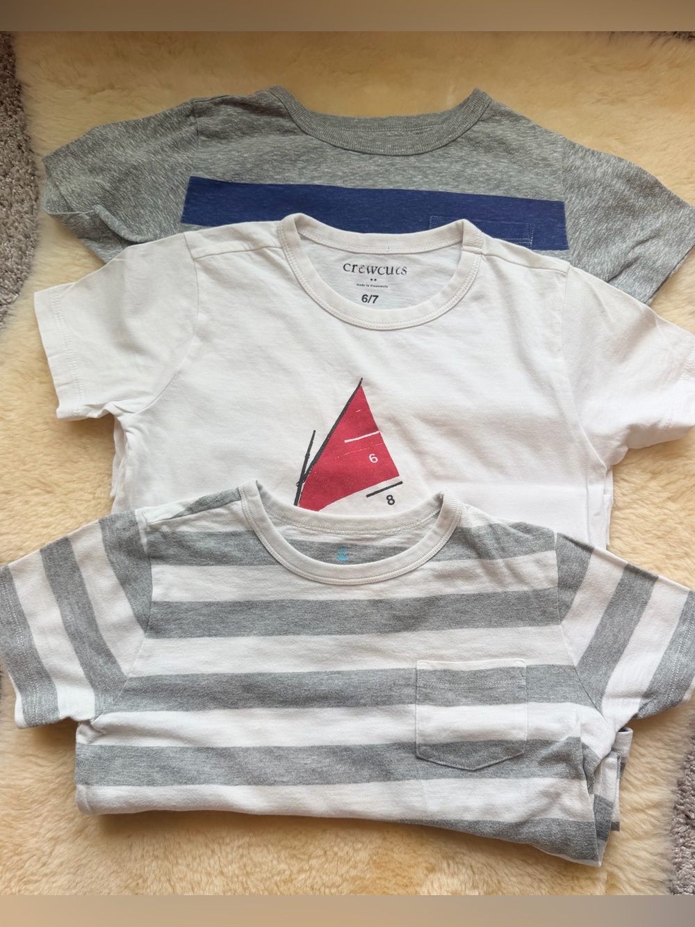 3 Crewcuts Boys' White Sailboat, Grey Stripes, Blue Stripes Size 6-7